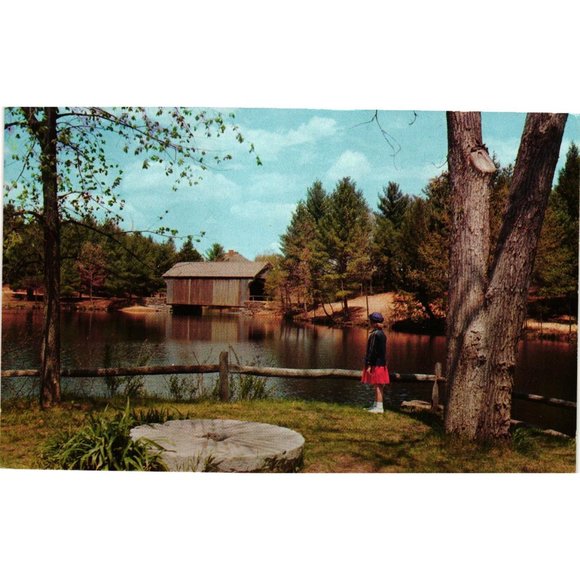 Old Sturbridge Village Covered Bridge Postcard Millpond Vermont Travel Vintage - Picture 1 of 2
